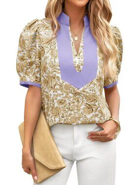 Women's Floral Short Puff Sleeve Tops Khaki V Neck Patchwork Summer Blouse